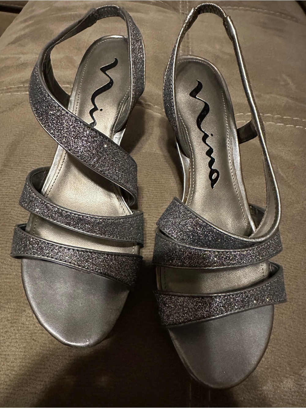 Nina Silver Glitter Multi-Strap Slingback Heels